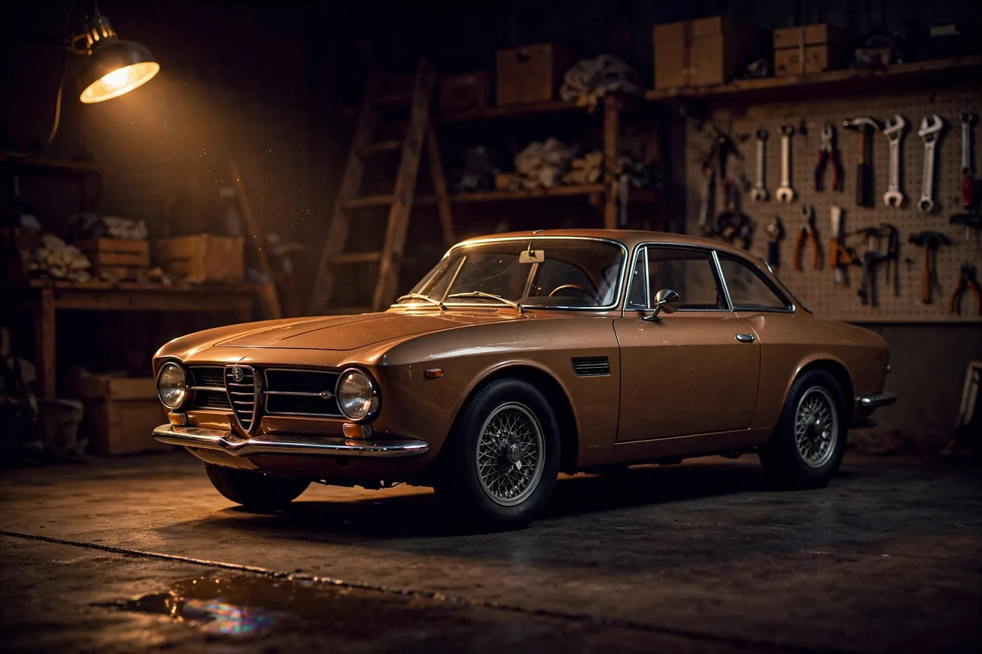Illustration: a classic coupe resting in a warm, lamplit garage at night