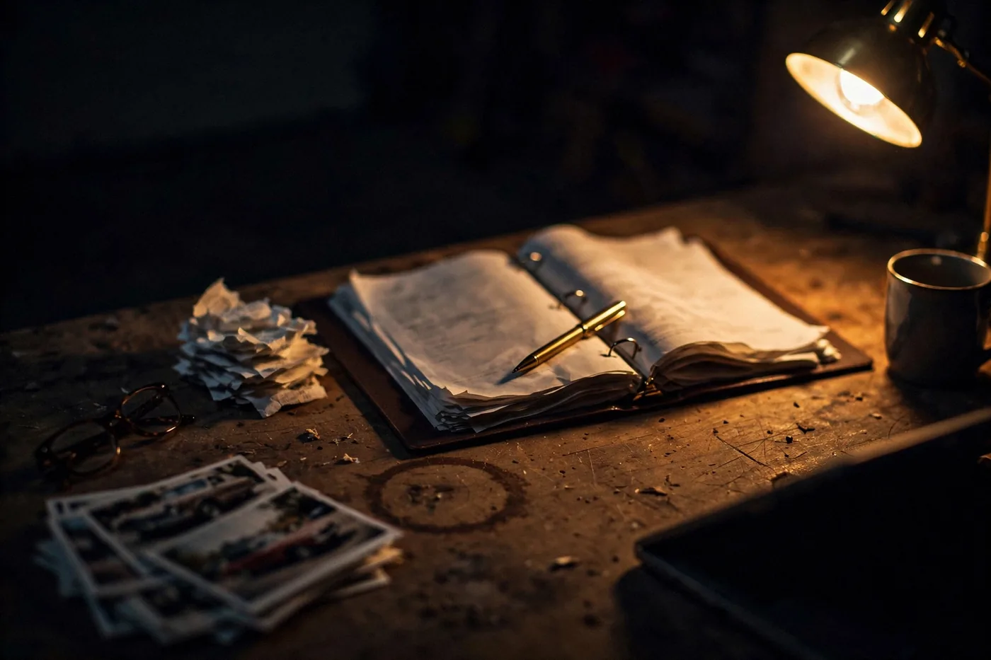 Illustration: a documentation binder, receipts and car photographs spread on a workbench under a warm lamp