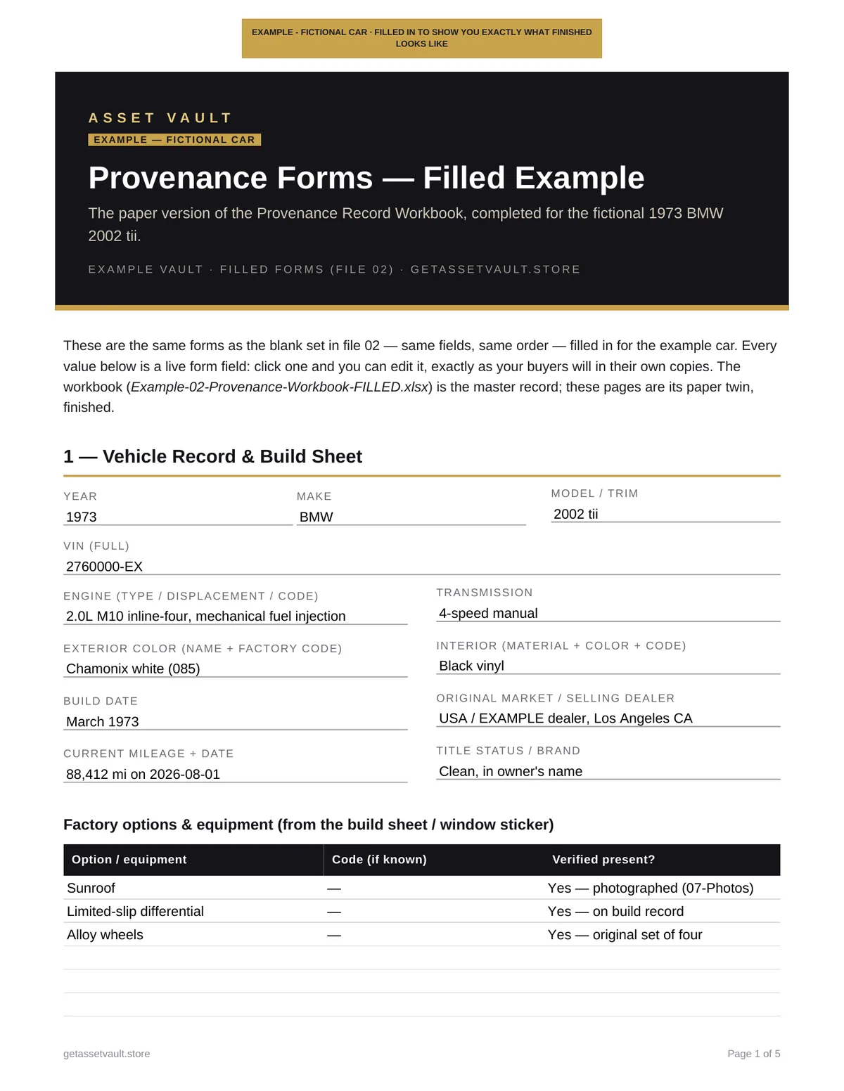 Filled collector car build sheet example: the Vehicle Record and Build Sheet form completed for the fictional 1973 BMW 2002 tii — year, VIN, engine, transmission, colors and factory options