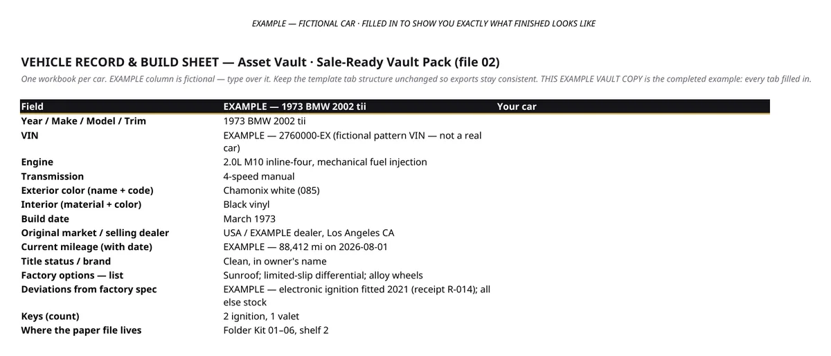 Provenance record workbook example: the filled spreadsheet tab recording a collector car's build and service data for the fictional 1973 BMW 2002 tii