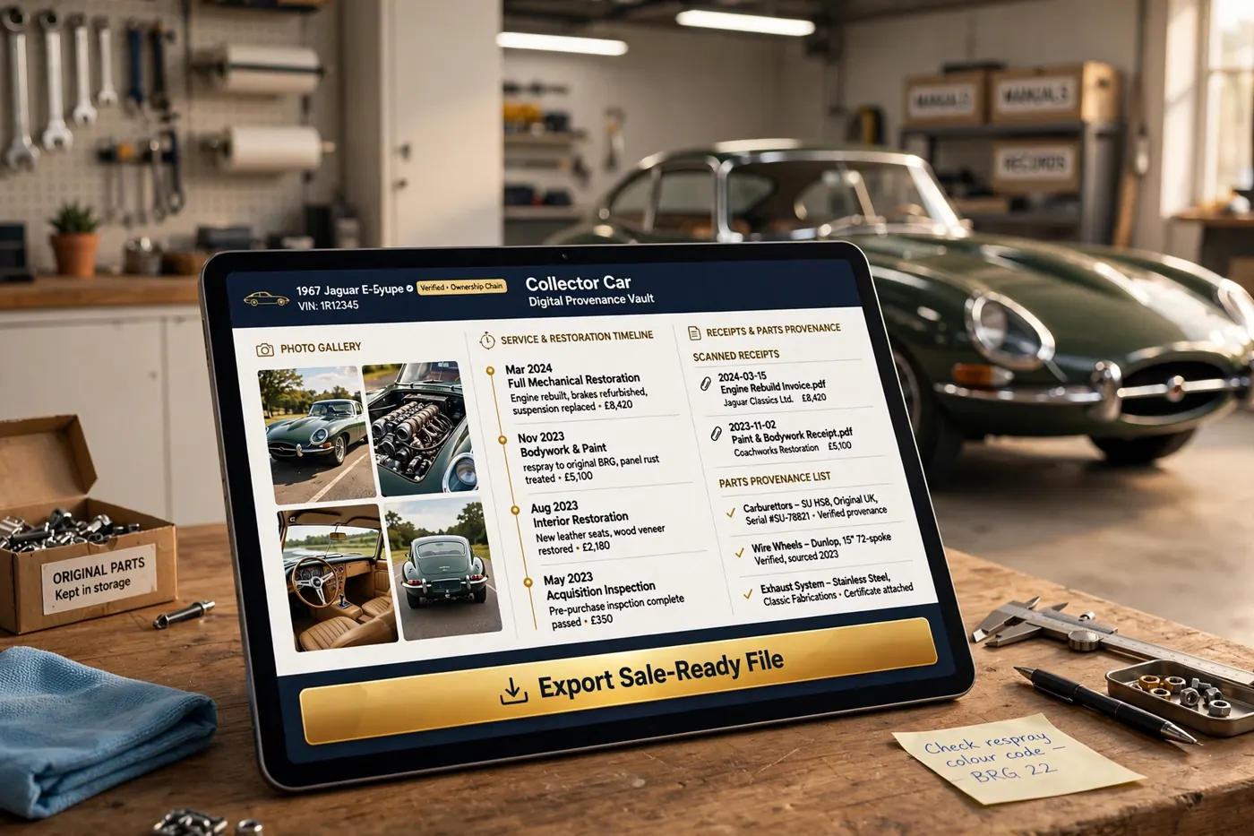 A tablet in a garage showing a 1967 Jaguar E-Type digital provenance vault: photo gallery, service and restoration timeline, scanned receipts and parts provenance, with an Export Sale-Ready File button